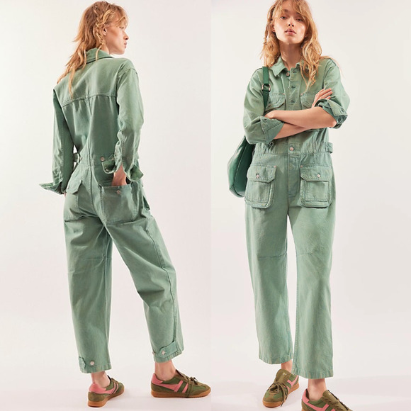 NEW Free People We The Free Geronimo Jumpsuit Coverall Button Up Sage Green XL - Picture 1 of 14